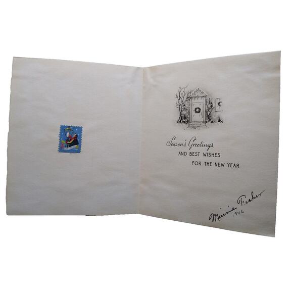 Christmas Season Greeting Card Vintage 1946 Glitter Home Robins Snow Tree PCN - Picture 2 of 3